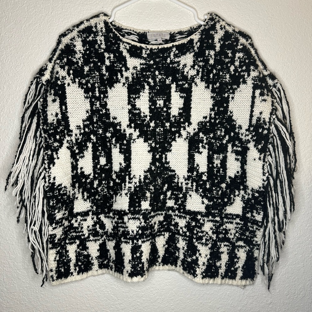 1. State Wool Fringe Boho Indie Patterned Sweater - Black & White extra small